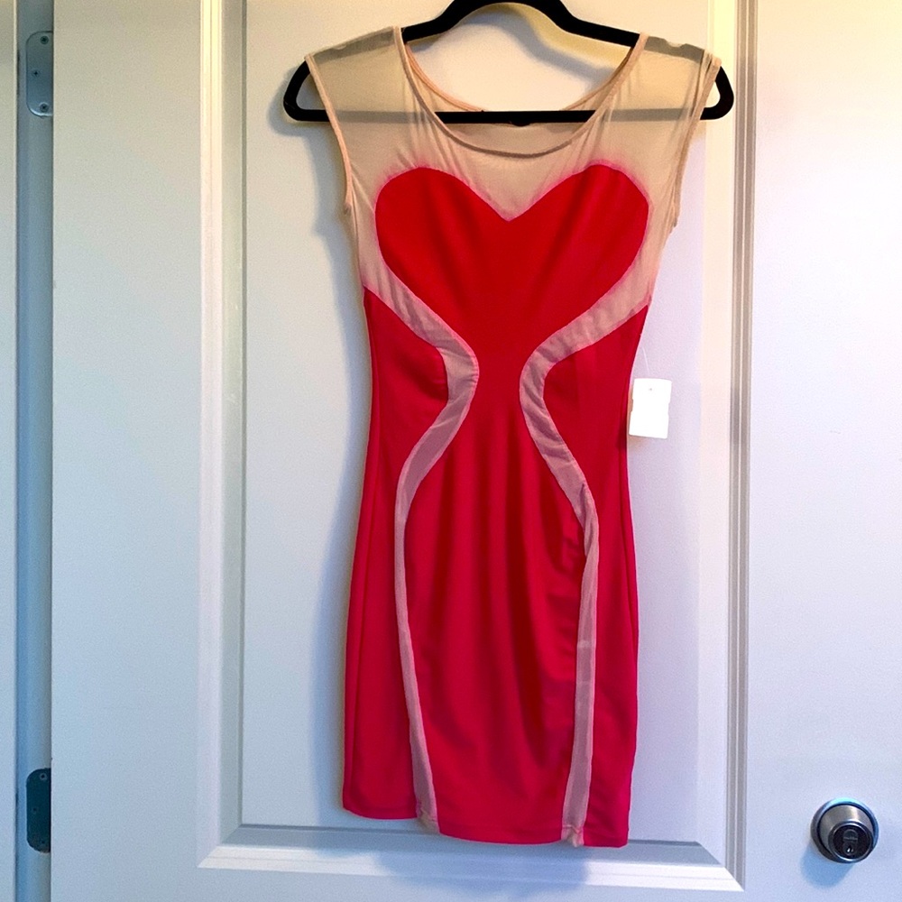 Symphony Heart Ticker Hot Pink and Nude Bodycon Dress in Size Small